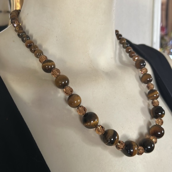 Vintage Genuine Tigers Eye Stone and Amber Crystal Bead Necklace - Picture 5 of 6